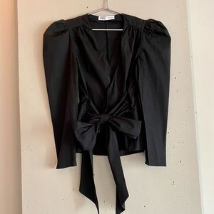 Zara Black Puff Sleeve Wrap Top Tie Waist Bow XS